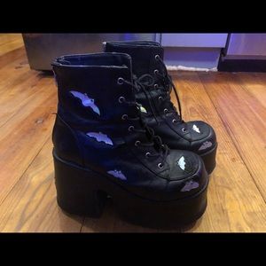 Demonia platform boots, black with holographic bats